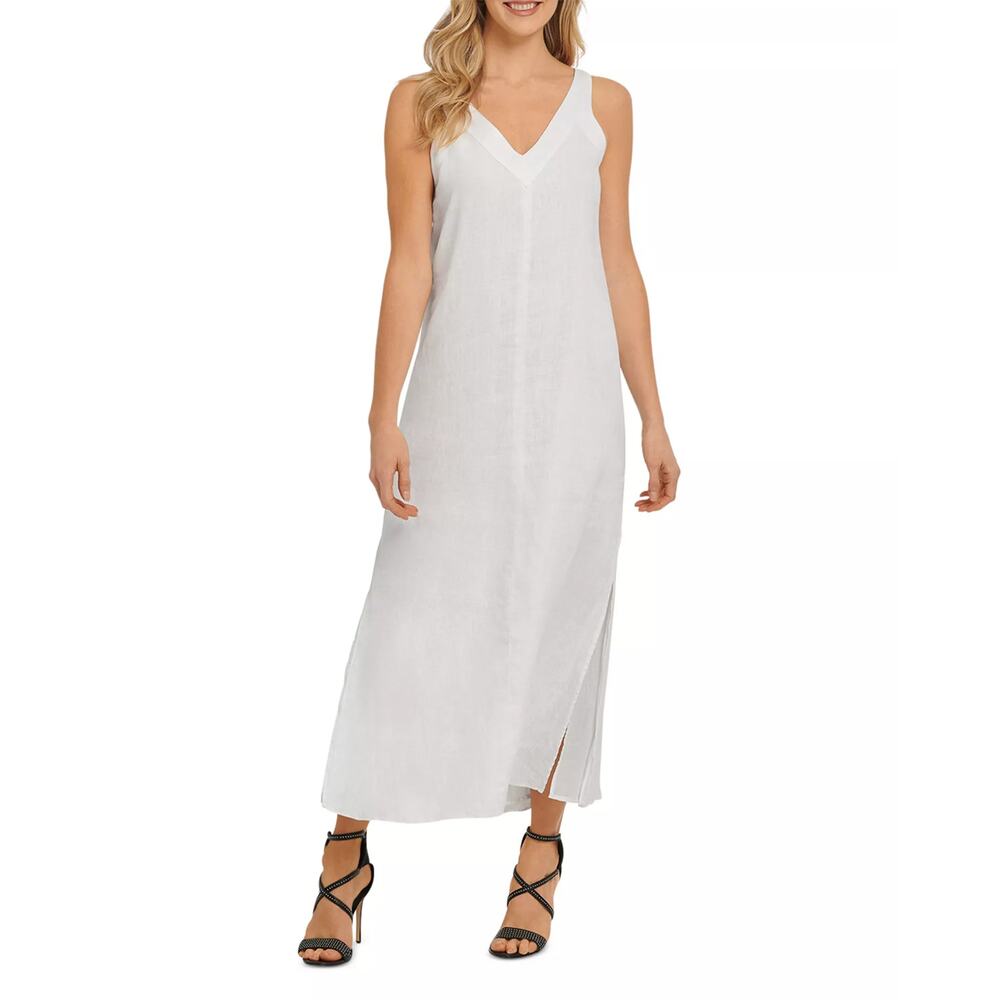 DKNY Linen V-Neck Maxi Dress White